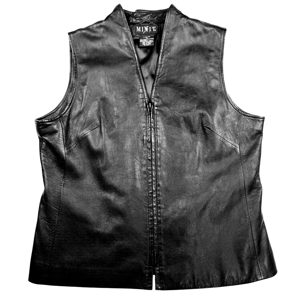 Mixit Leather Vest Black Size 12 Zip Front Biker Chic Grunge 90s Edgy Moto Vest